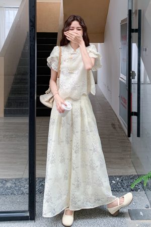 Chinese Style Women's Two-Piece Set - Summer 2025 Short Sleeve Top & Wide-Leg Pants - Trendy National Wind Fashion