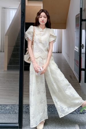 Chinese Style Women's Two-Piece Set - Summer 2025 Short Sleeve Top & Wide-Leg Pants - Trendy National Wind Fashion