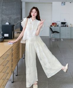 Chinese Style Women's Two-Piece Set - Summer 2025 Short Sleeve Top & Wide-Leg Pants - Trendy National Wind Fashion