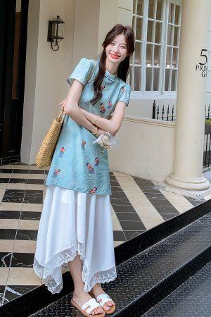Chinese-Style Women's Two-Piece Set for Summer 2025 - Buttoned Top & Irregular Hem Skirt, Boho Chic Fashion