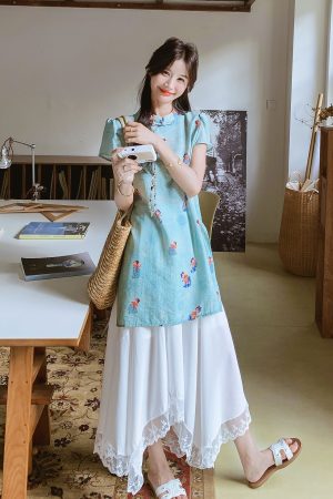 Chinese-Style Women's Two-Piece Set for Summer 2025 - Buttoned Top & Irregular Hem Skirt, Boho Chic Fashion