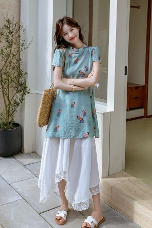 Chinese-Style Women's Two-Piece Set for Summer 2025 - Buttoned Top & Irregular Hem Skirt, Boho Chic Fashion