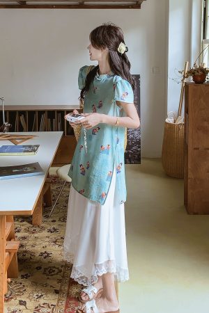 Chinese-Style Women's Two-Piece Set for Summer 2025 - Buttoned Top & Irregular Hem Skirt, Boho Chic Fashion