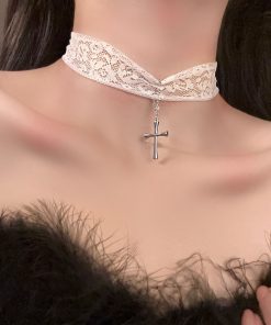 Choker Necklace with Lace Cross Pendant - Super Fairy Style Clavicle Chain for Trendy Girls, Sweet Cool Accessory