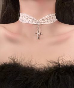 Choker Necklace with Lace Cross Pendant - Super Fairy Style Clavicle Chain for Trendy Girls, Sweet Cool Accessory