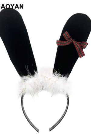 Christmas Bunny Girl Cosplay Headband with Red Bow, Plush Lace Cute Sexy Hair Accessory for Holiday Parties