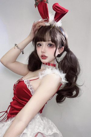 Christmas Bunny Girl Cosplay Headband with Red Bow, Plush Lace Cute Sexy Hair Accessory for Holiday Parties