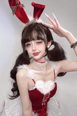 Christmas Bunny Girl Cosplay Headband with Red Bow, Plush Lace Cute Sexy Hair Accessory for Holiday Parties