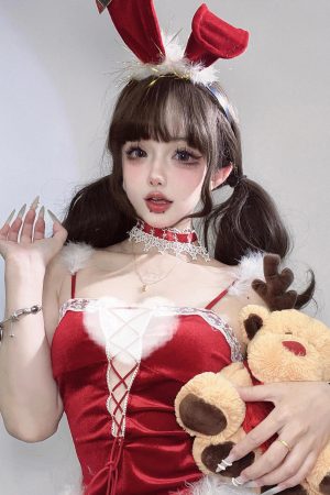 Christmas Bunny Girl Cosplay Headband with Red Bow, Plush Lace Cute Sexy Hair Accessory for Holiday Parties