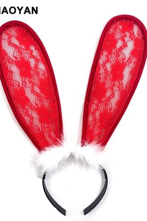 Christmas Bunny Girl Cosplay Headband with Red Bow, Plush Lace Cute Sexy Hair Accessory for Holiday Parties