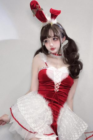 Christmas Bunny Girl Cosplay Headband with Red Bow, Plush Lace Cute Sexy Hair Accessory for Holiday Parties