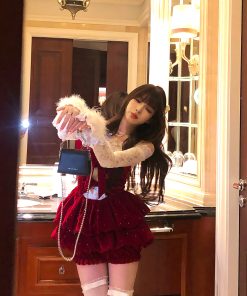 Christmas Lace Camisole Dress for Women - Waist-Cinching Princess Style, Short Skirt for Autumn and Winter Fashion