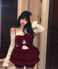 Christmas Lace Camisole Dress for Women - Waist-Cinching Princess Style, Short Skirt for Autumn and Winter Fashion