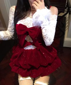 Christmas Lace Camisole Dress for Women - Waist-Cinching Princess Style, Short Skirt for Autumn and Winter Fashion