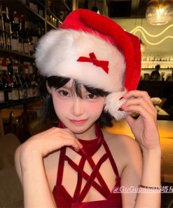 Christmas Red Bow Plush Hat for Winter - Big Head Wrap, Flattering Face Shape, Little Red Riding Hood Cosplay Accessory