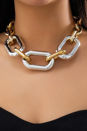 Chunky Hip-Hop Chain Necklace for Women, Exaggerated Geometric Buckle Punk Jewelry, Minimalist European American Style