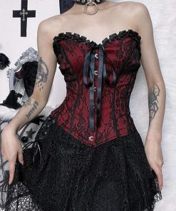 Classic Outfits Ideas, Fall Outfits Skirts Boots - Victorian Goth Ribbon Detailed Corset Top