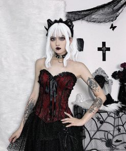 Classic Outfits Ideas, Fall Outfits Skirts Boots - Victorian Goth Ribbon Detailed Corset Top