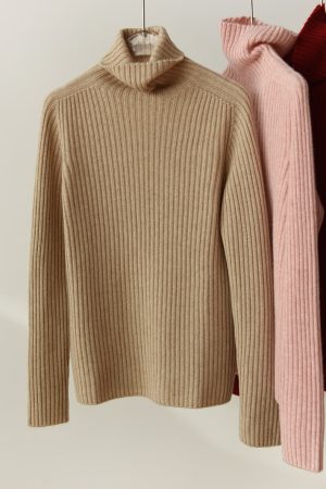 Classic Oversized Warm Thick Soft Seamless High-Neck Ribbed Cashmere Knit Pullover Sweater for Cozy Layering