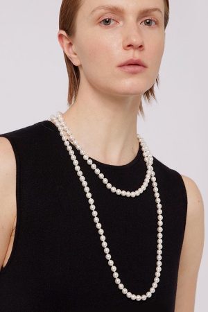 Classic Retro French-Style Multi-Layer Long Pearl Necklace with Gold Round Ball Magnetic Clasp - Handmade Knotted Design
