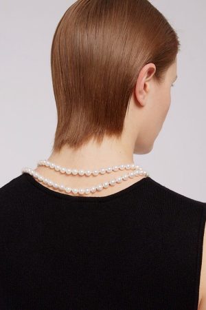 Classic Retro French-Style Multi-Layer Long Pearl Necklace with Gold Round Ball Magnetic Clasp - Handmade Knotted Design