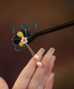 Classical Chinese Style Butterfly Hairpin with Step-Shake Tassel for Women, Wooden Qipao Hairpin for Bun, Black Sandalwood