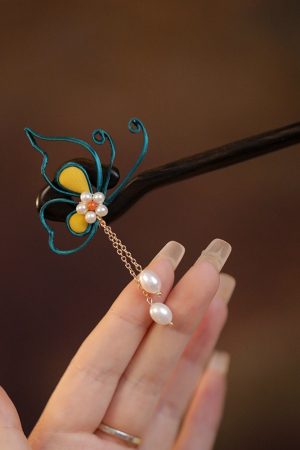 Classical Chinese Style Butterfly Hairpin with Step-Shake Tassel for Women, Wooden Qipao Hairpin for Bun, Black Sandalwood