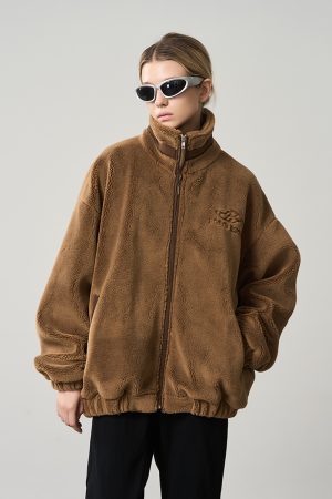 Cleanfit Street Style Lamb Fleece Zip-Up Jacket with Logo Embroidery and Stand Collar, Perfect for 90s and Y2K Fashion Trends
