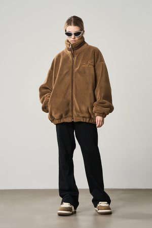 Cleanfit Street Style Lamb Fleece Zip-Up Jacket with Logo Embroidery and Stand Collar, Perfect for 90s and Y2K Fashion Trends