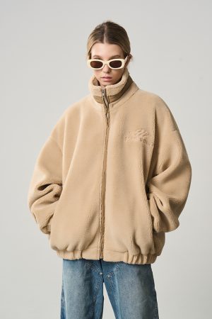 Cleanfit Street Style Lamb Fleece Zip-Up Jacket with Logo Embroidery and Stand Collar, Perfect for 90s and Y2K Fashion Trends