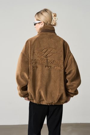 Cleanfit Street Style Lamb Fleece Zip-Up Jacket with Logo Embroidery and Stand Collar, Perfect for 90s and Y2K Fashion Trends