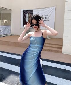 Cloth Inspiration, Street Wear With Skirt - Y2K Blue Gradient Strappy Midi Dress