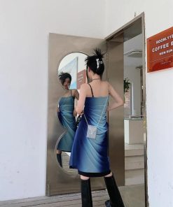 Cloth Inspiration, Street Wear With Skirt - Y2K Blue Gradient Strappy Midi Dress