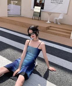 Cloth Inspiration, Street Wear With Skirt - Y2K Blue Gradient Strappy Midi Dress