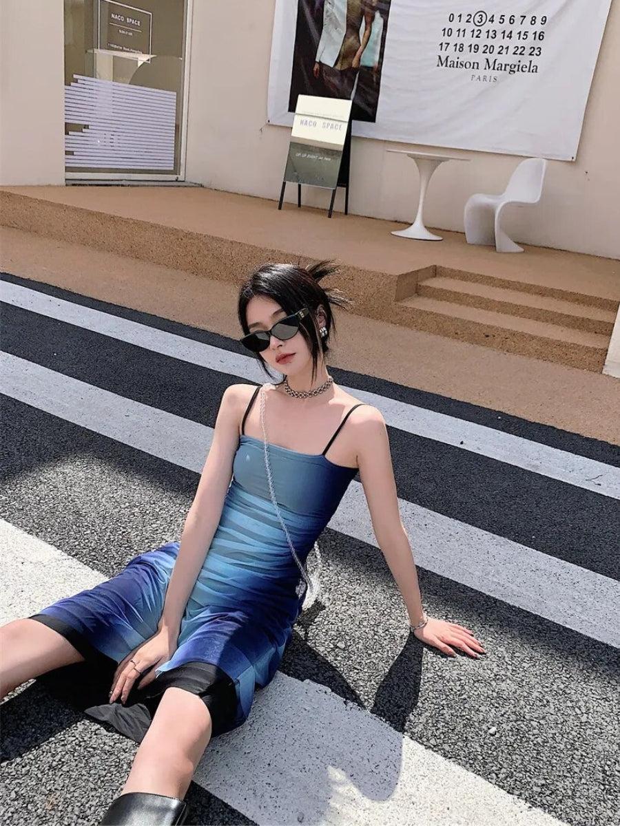 Cloth Inspiration, Street Wear With Skirt - Y2K Blue Gradient Strappy Midi Dress Cloth Inspiration, Street Wear With Skirt - Y2K Blue Gradient Strappy Midi Dress
