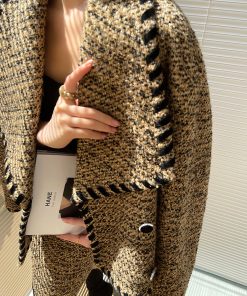 Cocoa Caramel Wool Coat Loose Short Tweed Coat Set with Bodycon Skirt - Chic 90s Inspired Fashion for Effortless Style