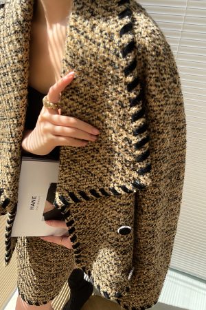 Cocoa Caramel Wool Coat Loose Short Tweed Coat Set with Bodycon Skirt - Chic 90s Inspired Fashion for Effortless Style