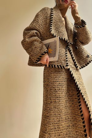 Cocoa Caramel Wool Coat Loose Short Tweed Coat Set with Bodycon Skirt - Chic 90s Inspired Fashion for Effortless Style