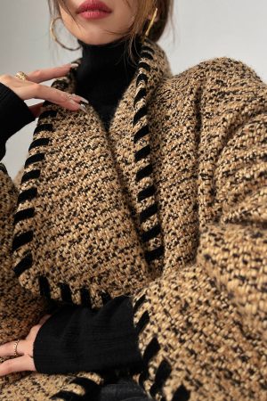 Cocoa Caramel Wool Coat Loose Short Tweed Coat Set with Bodycon Skirt - Chic 90s Inspired Fashion for Effortless Style