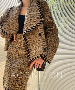 Cocoa Caramel Wool Coat Loose Short Tweed Coat Set with Bodycon Skirt - Chic 90s Inspired Fashion for Effortless Style