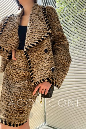 Cocoa Caramel Wool Coat Loose Short Tweed Coat Set with Bodycon Skirt - Chic 90s Inspired Fashion for Effortless Style