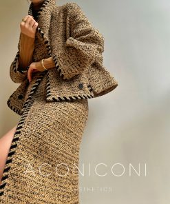 Cocoa Caramel Wool Coat Loose Short Tweed Coat Set with Bodycon Skirt - Chic 90s Inspired Fashion for Effortless Style