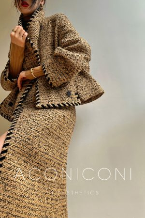 Cocoa Caramel Wool Coat Loose Short Tweed Coat Set with Bodycon Skirt - Chic 90s Inspired Fashion for Effortless Style