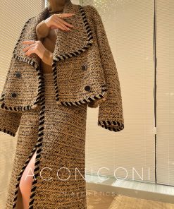 Cocoa Caramel Wool Coat Loose Short Tweed Coat Set with Bodycon Skirt - Chic 90s Inspired Fashion for Effortless Style