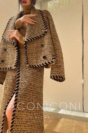 Cocoa Caramel Wool Coat Loose Short Tweed Coat Set with Bodycon Skirt - Chic 90s Inspired Fashion for Effortless Style