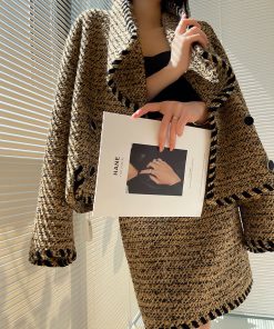 Cocoa Caramel Wool Coat Loose Short Tweed Coat Set with Bodycon Skirt - Chic 90s Inspired Fashion for Effortless Style