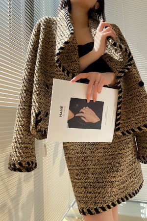 Cocoa Caramel Wool Coat Loose Short Tweed Coat Set with Bodycon Skirt - Chic 90s Inspired Fashion for Effortless Style