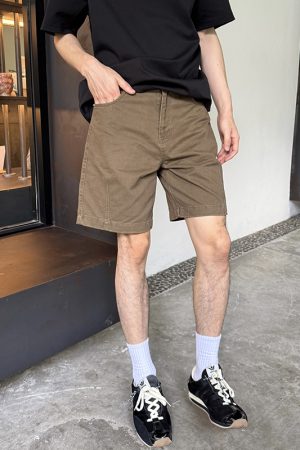Coffee Color Denim Beach Shorts for Men - Loose Casual Five-Point Summer Style, Versatile 90s-Inspired Fashion