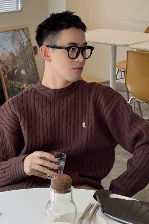 Coffee-Colored Cable-Knit Sweater for Men - Casual Loose Fit, Letter Embroidered, American Style, Perfect for Autumn and Winter