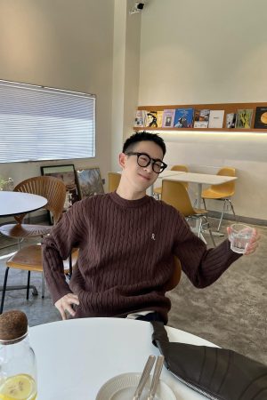 Coffee-Colored Cable-Knit Sweater for Men - Casual Loose Fit, Letter Embroidered, American Style, Perfect for Autumn and Winter